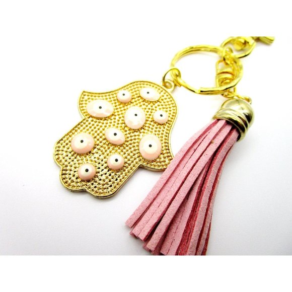 Gold tone pink evil eye hamsa charm key chain - pink leather tassel purse charm - Picture 5 of 5